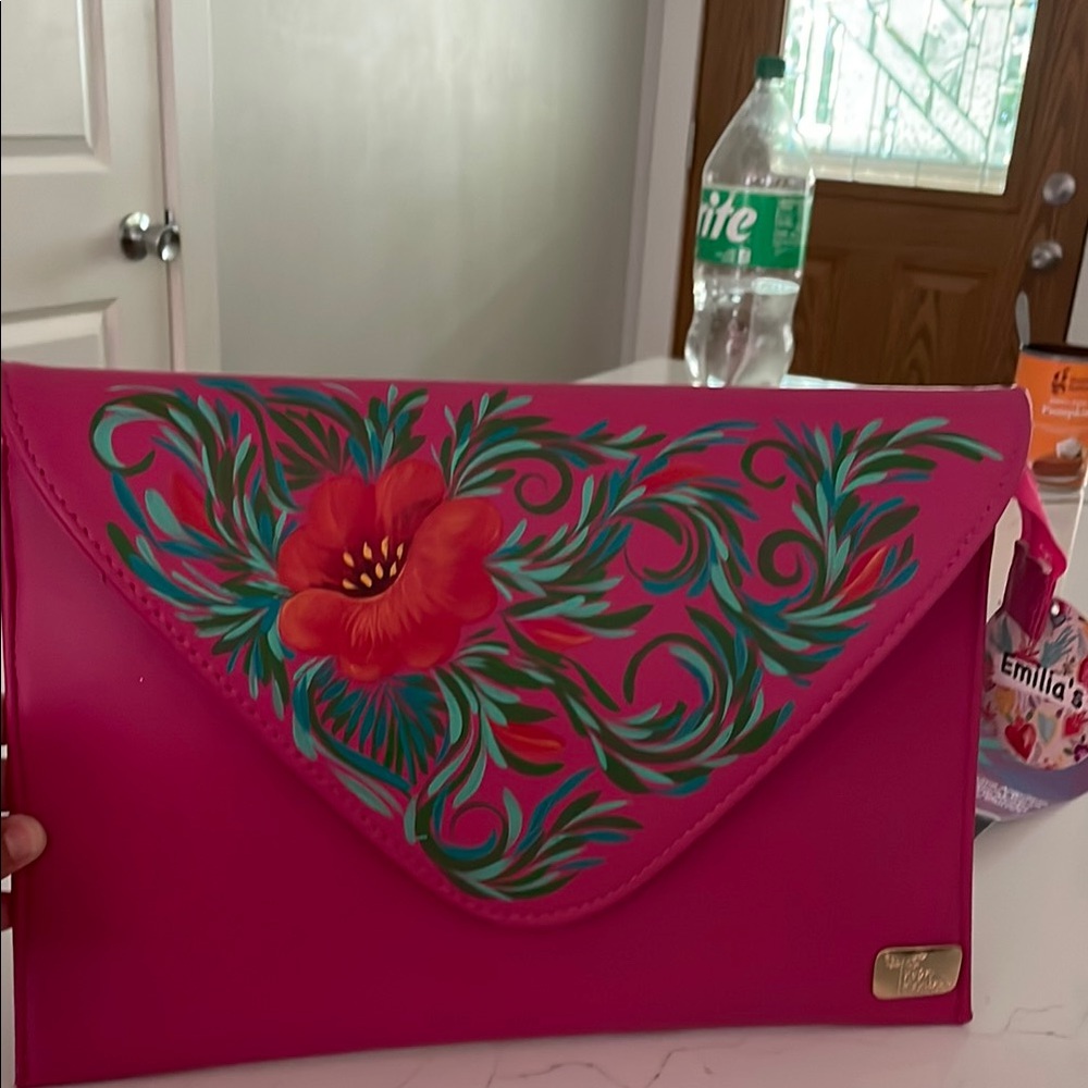 Handmade hand painted Pink Floral Clutch
